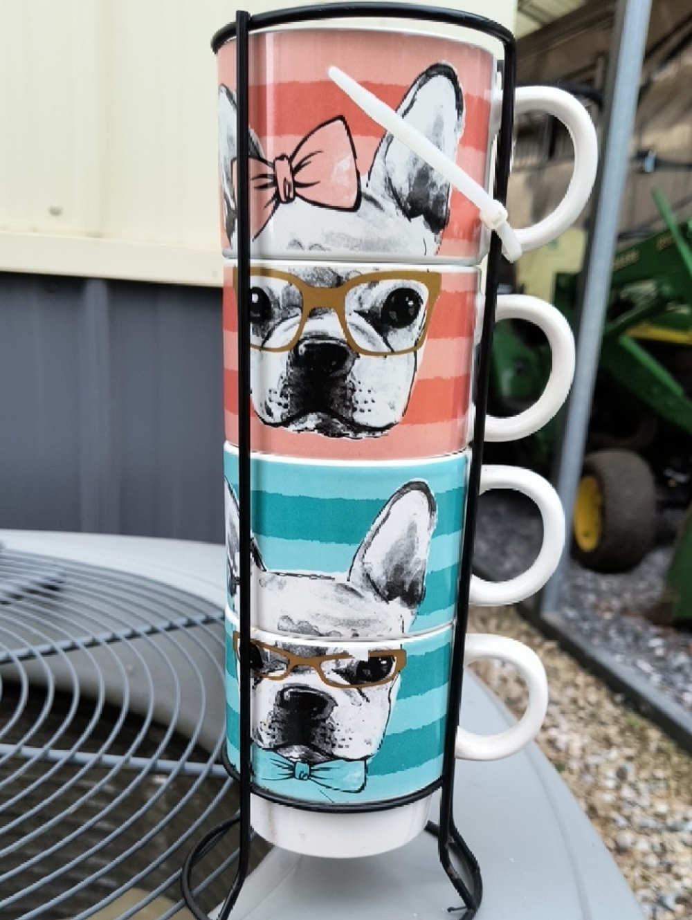 Frenchie Stachable Mugs In Iron Rack - Picture 2 of 3